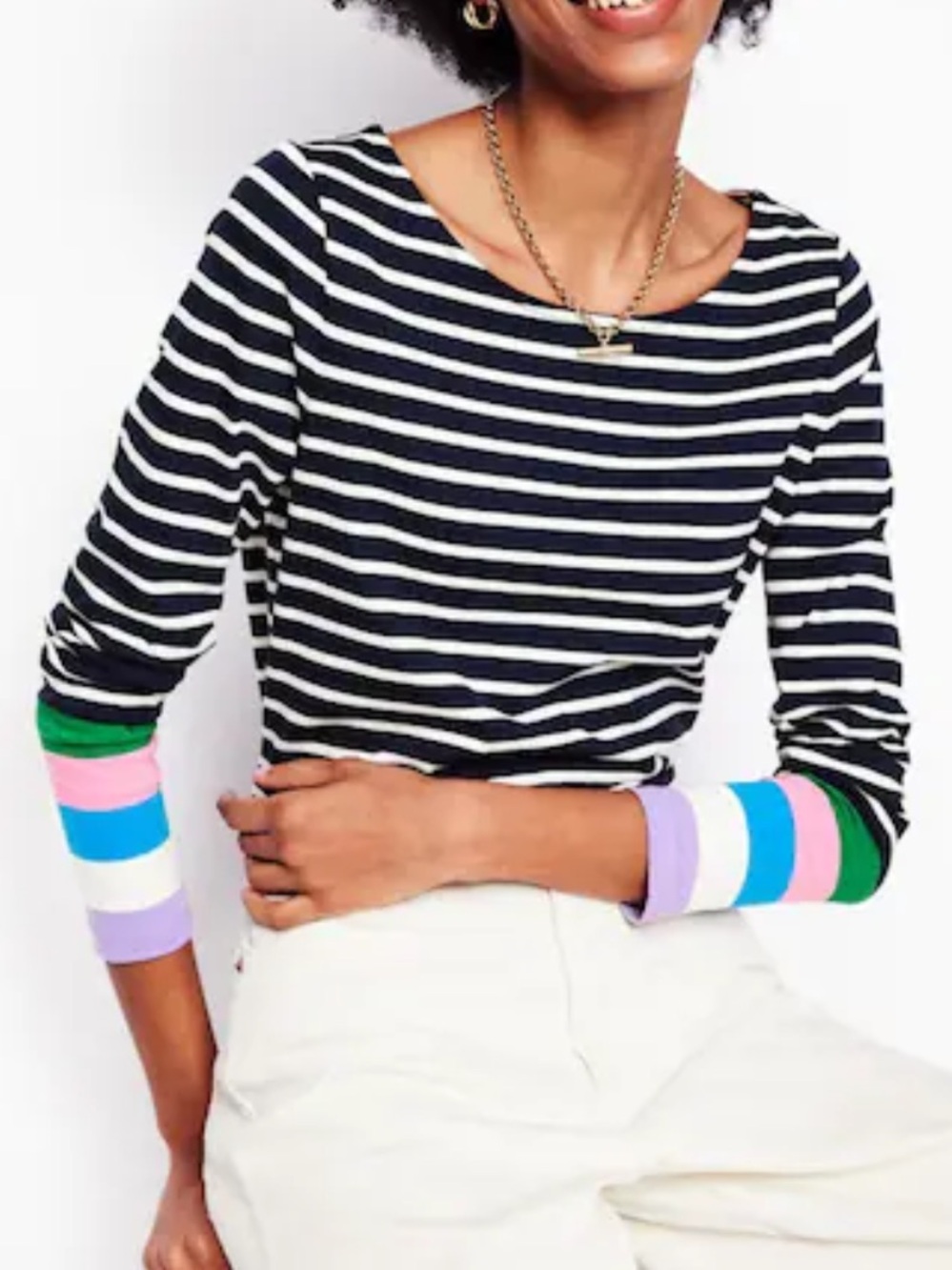 Boden Navy & White Stripe Long Sleeve Top with Multicolor Cuffs